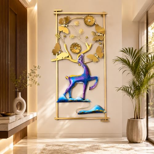 Image of SHREE 'O' GREEN TECH - Metal Handcrafted Deer Frame Big Wall Decor Wall Hanging Multicolor Wall Arts for Home Hotel Office Living Room Bedroom (Size 22x42 Inch)
