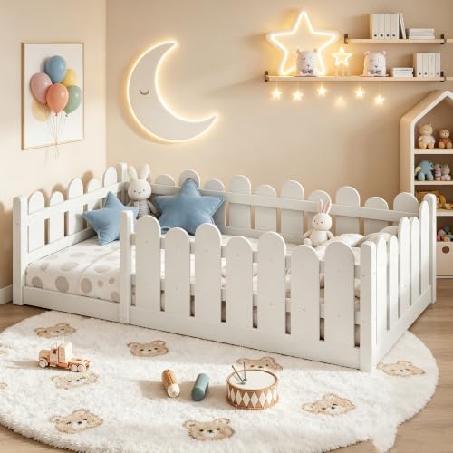 Image of Bellemave Twin Size Kids Montessori Floor Bed,Floor Bed Frame with Rounded Safety Guardrail,Solid Wood Montessori Bed for Girls Boys,White