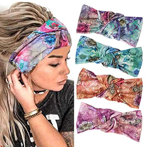 Bmadge Boho Head Wraps for Women Wide Headbands Criss Cross Bandeau Turban Tie Dye Hair Band Elastic Fabric Headpiece Flower Hair Accessories for Women and Girls 4Pcs (Style H)