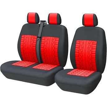 TOYOUN Universal Car Seat Covers for Transporter Truck Front Car Seat Covers 3 D Tyre Track Pattern Seat Cover Driver's Seat + 2 Passenger Seat Bench Protector Covers Red