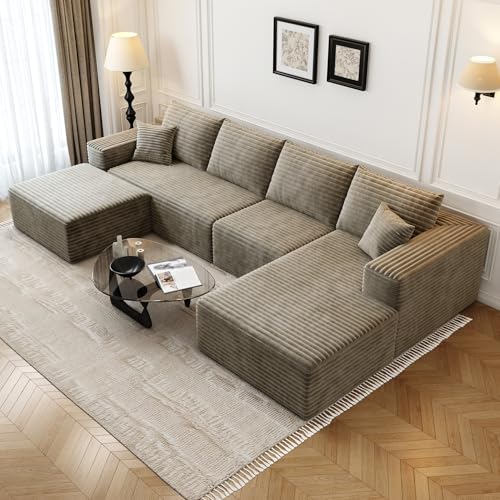 135.4' Cloud Modular Sectional Sofa with 1 Ottoman,Modern Minimalist Upholstered Couches, Comfort U Shaped Sofa for Living Room,Deep Seat Corner Couch，No Assembly Required (Camel,Right Facing Chaise)