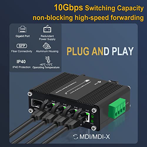 Image of Industrial Gigabit 4 Ports PoE Ethernet Switch PoE+ Fiber Switch with 100 /1000M Adaptive SFP Slot Din Rail Unmanaged 10 /100 /1000Mbps Network Switch IEEE802.3af /at 30W /Port Max 120W 12-48V DC
