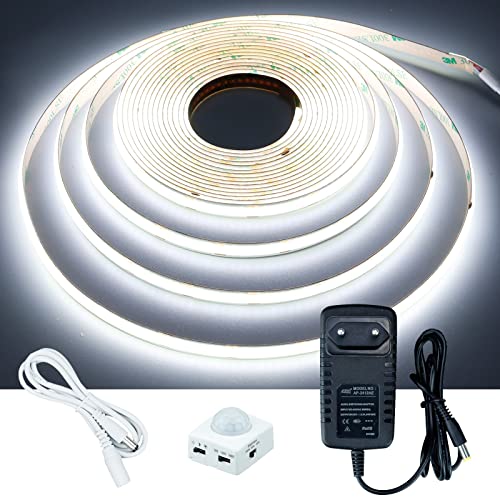 GOMING 12V 5M Striscia LED COB con Sensore di Movimento Bianco Freddo 6000K Strisce LED con Alimentatore IP20 Non Impermeabile CRI 93+ per Mobili da Cucina Scala Vetrina Camera da Letto Letto