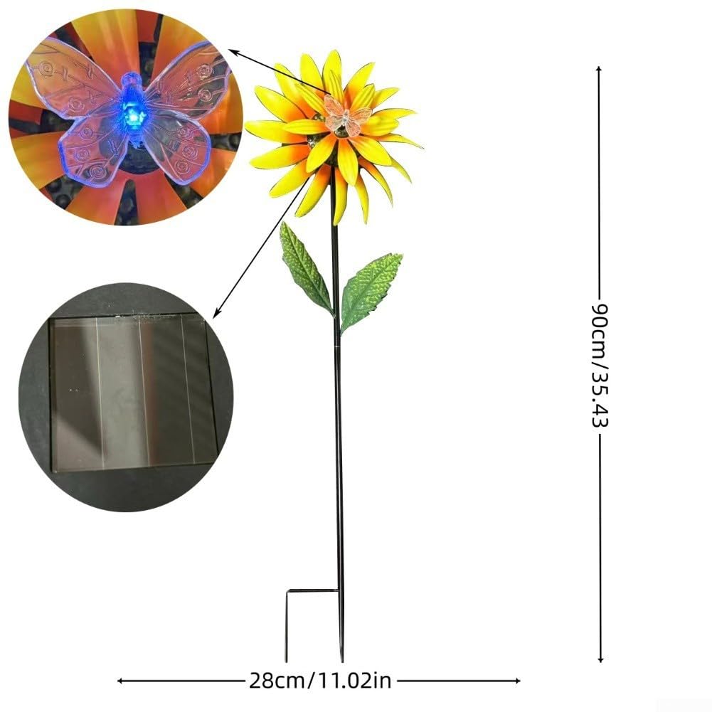 Girandola a vento in metallo, a energia solare, decorazione da giardino con luci, 89 cm, in acciaio, per esterni (giallo)