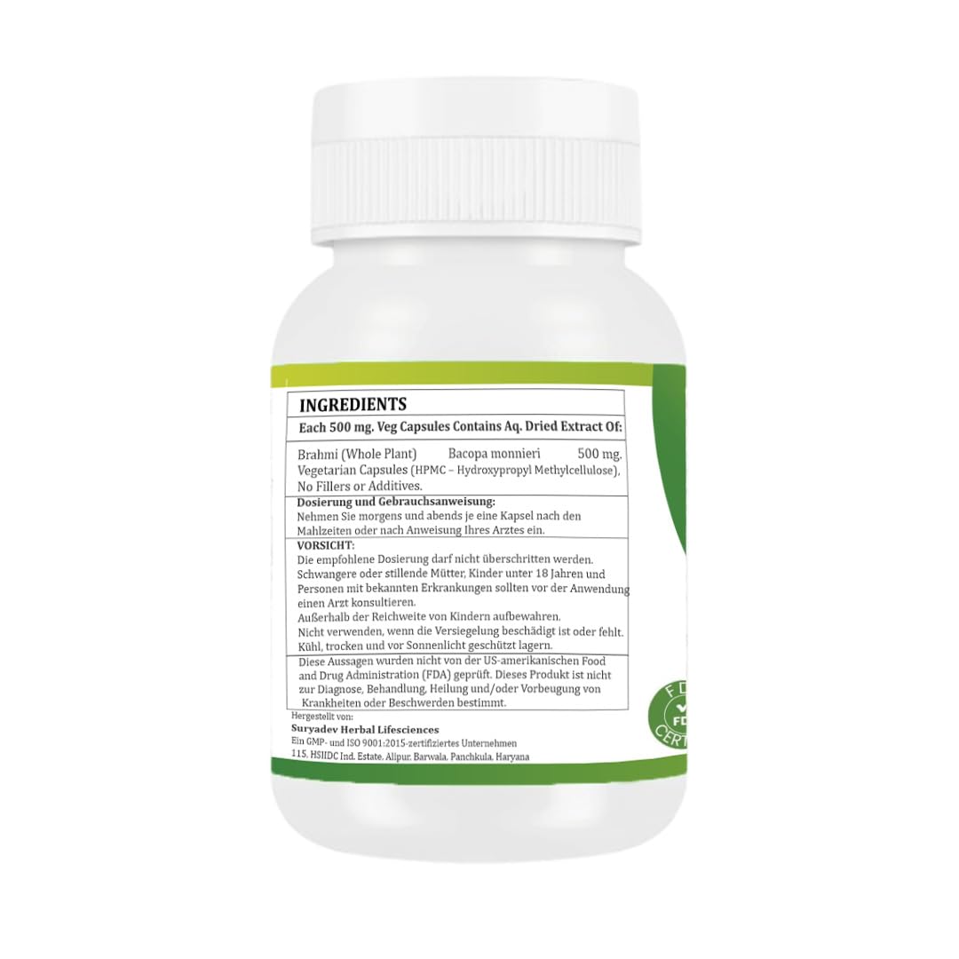Brahmi (Bacopa monnieri) 500 mg, 240 Capsule Vegane, Confezione da 4, Integratore Alimentare Naturale a Base di Erbe, Puro e Naturale, Senza Additivi