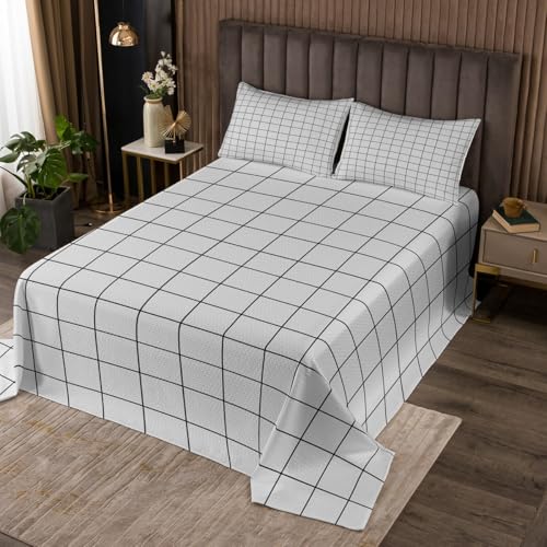 Castle Fairy Gray Grid Bedspread Set Queen Size for Kids,Boys Girls Square Lines Quilt Set Gray White Checkered Coverlet Geometric Bedspread 3 Piece Decorative Bedding Quilted with 2 Pillow Shams