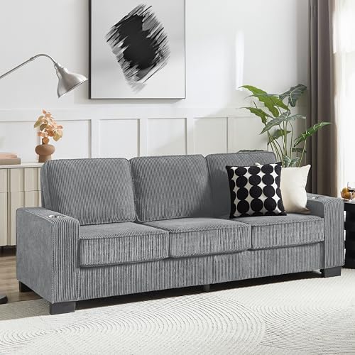 HKRUIQIAN Stylish Gray 3-Seat Sofa with Fabric Upholstery