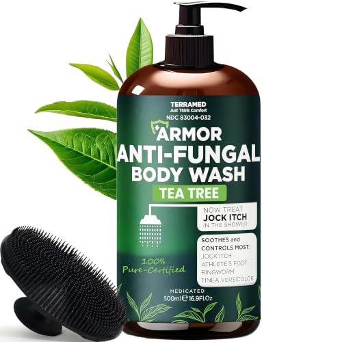 Antifungal Body Wash with Tea Tree Oil | Antifungal Soap for Back Acne,Treats Ringworm, Eczema & Jock Itch | Antifungal Body Soap For Men And Women | Includes Silicon Scrubber (16.9 oz)