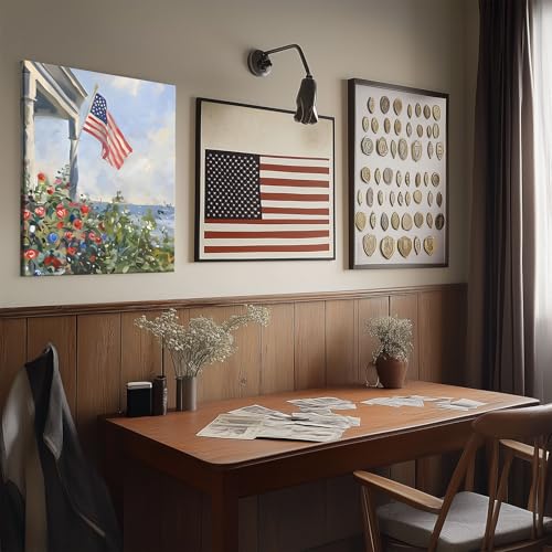 Image of Memorial Day Canvas Wall Art, Porch View American Flag Print, Coastal Garden Flowers Flag by the Sea Poster, Independence Day Gifts Print Artwork for Lakehouse or Summer Entryway Decor 16x20inch