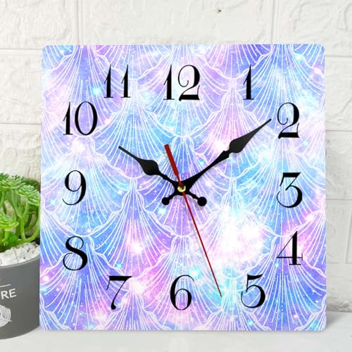 ArtSocket Mermaid Galaxy Unicorn Wooden Wall Clock Silent Non-Ticking, Space Cool Fish Girl Square Rustic Wall Clocks Decor for Home Kitchen Living Room Office, Battery Operated(12 Inch)