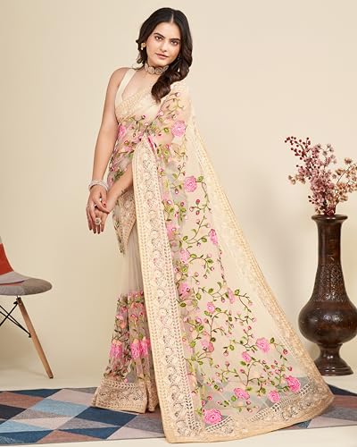 Image of VAIRAGEE Women's Beautiful Soft Net Embroidery Saree With Unstitched Blouse 6079