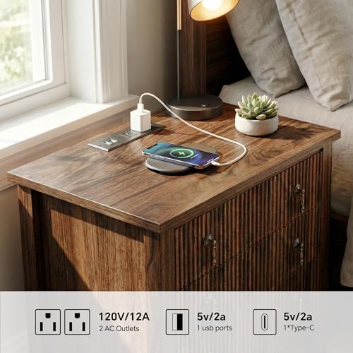 Image of FUSUNBAO Set of 2 Nightstands with Charging Station&3 Fluted Drawers,Walnut | Vintage Bedside Table, 3 Fluted Drawers and Open Shelf, Rustic End Table, Power Outlet and USB Ports, For Bedroom