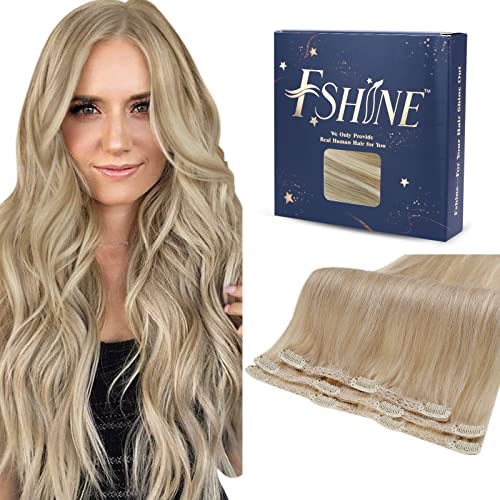 Fshine Human Hair Extension Clip in Bionde Dark Ash Blonde Highlighted Golden Blonde Clip in Hair Extensions Real Human Hair Blonde Clip in Hair Extensions Real Human Hair 50g 12 Inch 3Pcs
