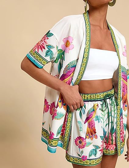 Women Boho Tropical Print Beach Cover Up 2 Piece Set Summer Short Sleeve and Shorts Lounge Outfit Lightweight3