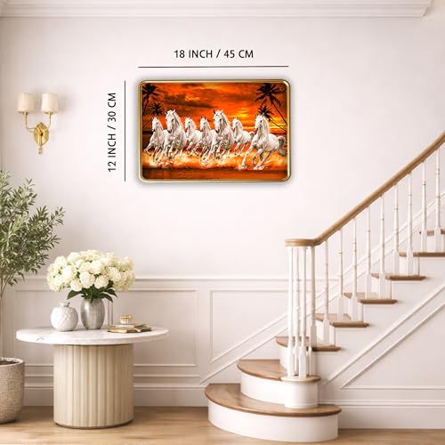 Image of XOPY Seven Running Horses with Golden Frame | Vastu 7 horses Raw Pyrite Painting for Home, Office & Living Room Wall Decore | 12X18 Inch Sparkle Laminated Frame | Best For Gifting (53317, 12X18)