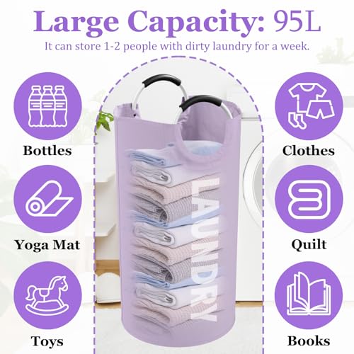 Image of 2Pack 95L Purple Collapsible Laundry Basket for Students, Large Laundry Hamper with Handles, Portable Dirty Clothes Hamper, 600D Oxford Fabric Storgae Basket for Bathroom, Dorm