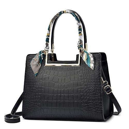 Donna Borsa a Mano Grande Moda a Tracolla con Nastro Elegante Classica Trama Borse Tote per Shopping Lavoro Viaggio Quotidiano Casuale PU Pelle Messenger Nero