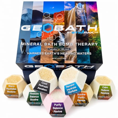 Magnesium & Epsom Salt Natural Mineral Bath Bombs | XL 180g | Skin Care & Muscle Relief Bath Soak Inspired by the Worlds Healing Hot Springs | Dye & Fragrance Free | GeoBath (7 Pack)