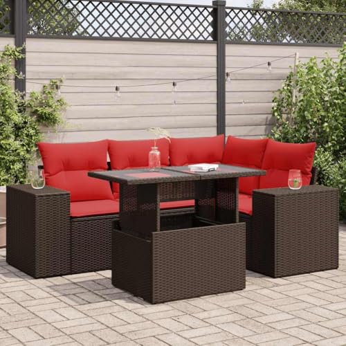 Frdhee Juego de muebles de jardín, 5 piezas, juego de muebles de jardín, con cojín marrón, polirratán acacia, para terraza, balcón, jardín, se puede montar rápidamente