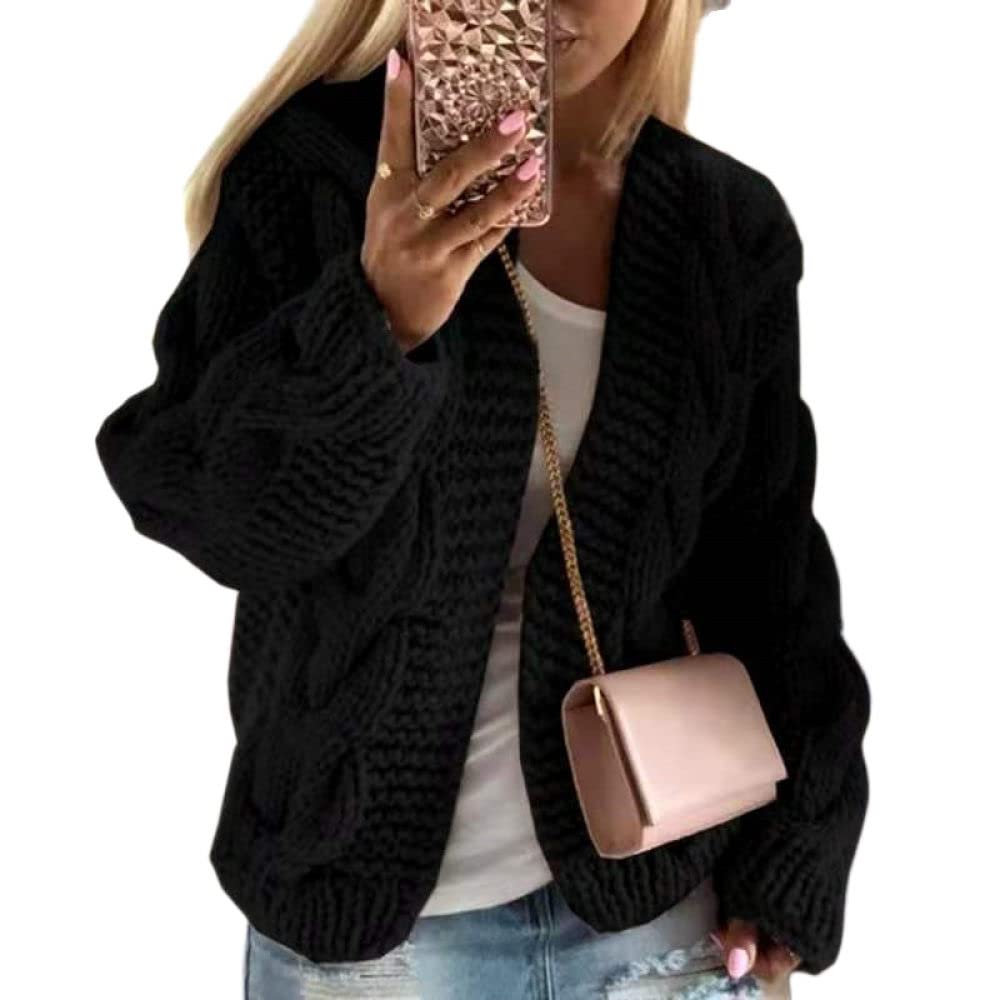 HGJH Cardigan Damen, Damen Strickpullover Offen Kurz Cardigan Zopfmuster Grob Gestrickt Kimono Schwarz Mode Langarm Cardigan Weich Elegant Herbst Leichte Jacke Für Casual Business