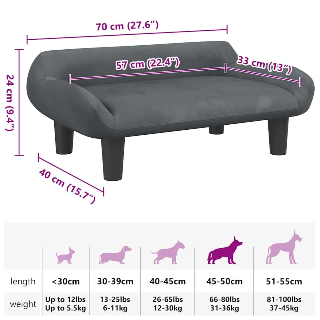 vidaXL Lettino per Cani Grigio Scuro 70x40x24 cm in Velluto, Letto per Cani, Divano per Cani, divanetto per Cani, Letti per Cani