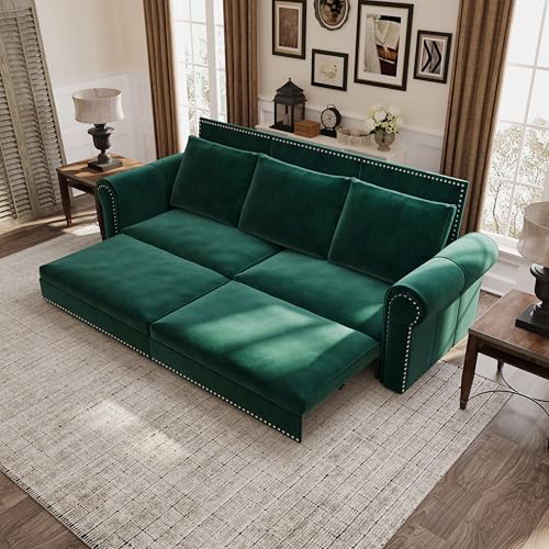 Image of Eafurn 93.7 inch King Size Pull Out Sofa Bed, 3-in-1 Convertible Sleeper Sofa Couch Bed with Nailhead Decor and Rolled Arms, Velvet Oversized Chesterfield Loveseat Chaise Lounge