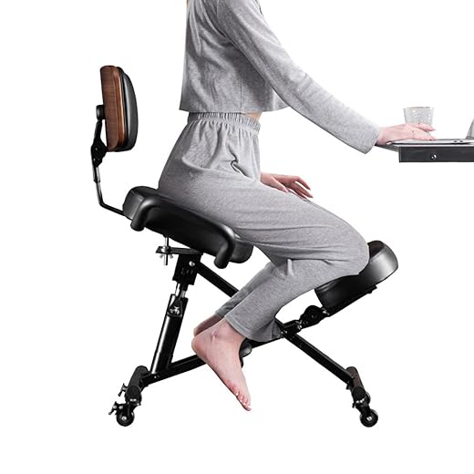 Ergonomic Kneeling Chair with Wood Back Support, Adjustable Desk Chair for Home and Office, Reduce Pressure on Your Shins with Adjustable footrest,Brake Casters,Black