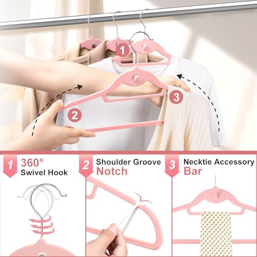 Velvet-Felt-Stackable-Hangers-50-Pack-Thin-Space-Saving-Pink-Non-Slip-15Lbs-Capacity-Heavy-Duty-With-360-Swivel-Hook-Shoulder-Notches-No-Shoulder-Bump-for-Coat-Suit-Shirt-Dress