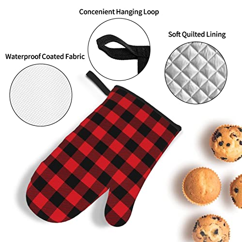 Buffalo Plaid Oven Mitts And Pot Holders Sets, 4 Piece Set, Heat Resistant Polyester Gloves And Pads For Kitchen Cooking Baking Grilling Bbq #TOP3