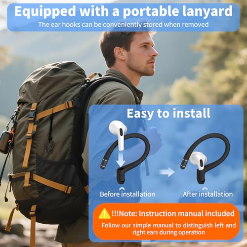 Anti-Slip Ear Hooks for AirPods Pro 2 & AirPod 3 Earbuds [Memory Titanium Alloy],Soft Comfortable Fit | Anti-loss Sports EarHooks Compatible with AirPods Pro 2 Earbuds Accessories with Lanyard (Black) - Thumbnail 7