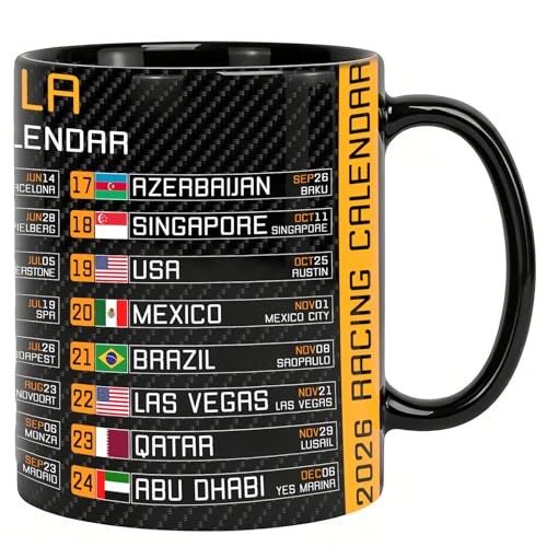F1 Gifts for Men Mug Formula 1 Calendar 2026 Table Format Motorsport Fan Gifts Ideas Black Ceramic Coffee Cup Competition Date Host Country F1 Merchandise Bedroom Office Desk Display White Boxed