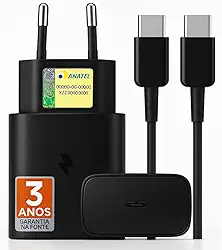 Carregador Turbo Compativel c/Samsung Galaxy, Motorola, Novo Iphone 15/16 - Fonte 25W Ultra,Carregamento Rápido, Tipo C + USB, Acompanha Cabo Tipo C, para Android/IOS - Certificado Premium Black