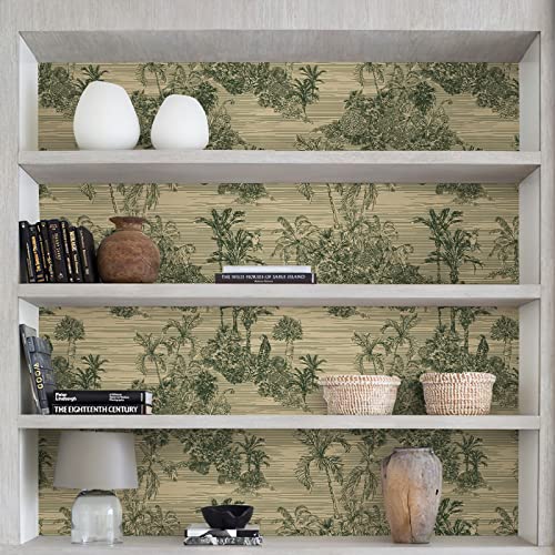 Jiffdiff Tropical Peel And Stick Wallpaper Forest Sketch Vintage Vinyl Wall Paper For Bedroom Cabinet, Removable Trees Nature Wallpaper Green Self-Adhesive Wall Decor 17.3"X393.7" #TOP3