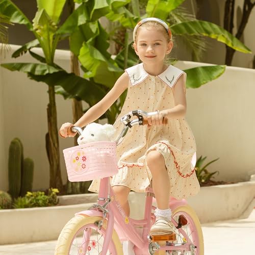 Image of Girls Bike with Basket for Toddlers and Kids Aged 3-14 Years Old, 12 14 16 18 Inch with Training Wheels & Doll Seat, 20 Inch with Kickstand & Rear Rack, Princess Style Bicycle for Gift.