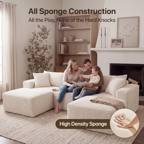 Image of Claiks 94 inch Boneless Couch, U-Shape Corduroy Sectional Sofa, Beige