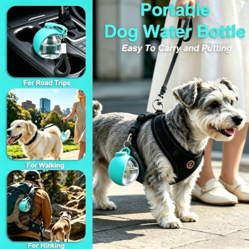 Image of Dog Water Bottle Portable, 2in1 Round Dog Water Bowl PET 10oz | Leak Proof Pet Water Dispenser, Foldable Silicone Bowl Drinking Bottle for Dogs Puppy Cats Travel Walking Hiking Camping Blue