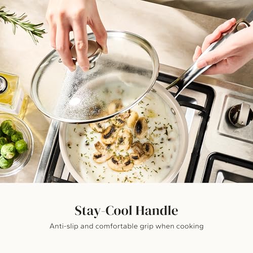 Image of Redchef Stock Pot Set with Lid 5Qt, Ceramic Saucepan Set 2.5 /3.5Qt, Induction Cooking Pot Set, Nonstick Cookware Set For Stoves, Even Heat, Stay-Cool Handle, Oven /Dishwasher Safe, PFAS Free (Beige)