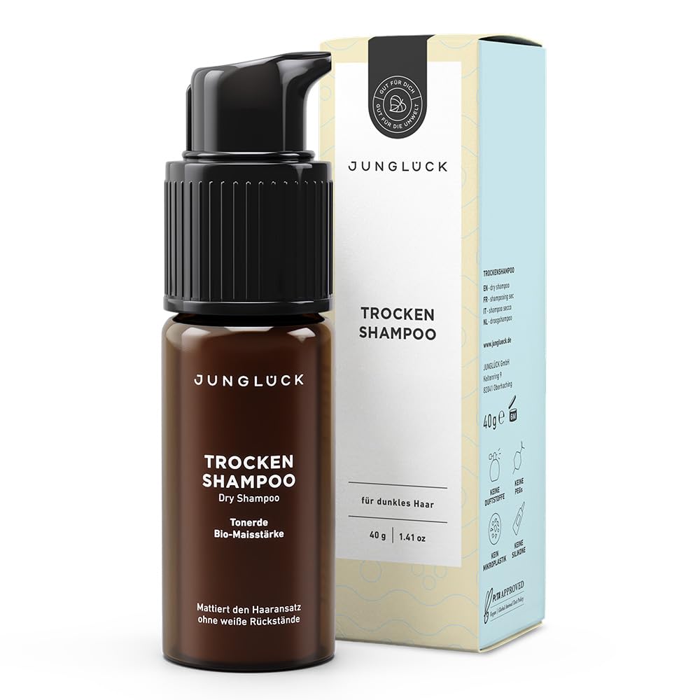 JUNGLÜCK Trockenshampoo für dunkles Haar - Vegan | Dry Shampoo verleiht spürbar mehr Griffigkeit und Volumen ohne weiße Rückstände | Aerosolfreies mattierendes Trockenshampoo für sofortige Frische