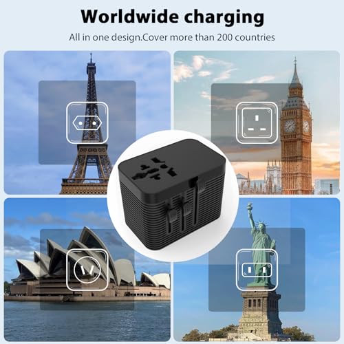 Worldwide Travel Adapter with 5-Port (1 AC/2 USB-A/2 USB-C), Universal Power Plug Fast Charging Fuse Surge Protection, All-in-One Plug Adapter for US EU UK AU -White2