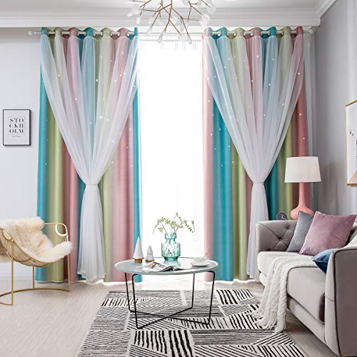 ele ELEOPTION Stars Blackout Curtains, Cut Out Stars Drapery with Eyelet, for Kids Girls Bedroom Living Room Colorful Double Layer Star Window Curtains, 1 Panel, Pink, 53" W x 63" L (134x160cm) - Image 2