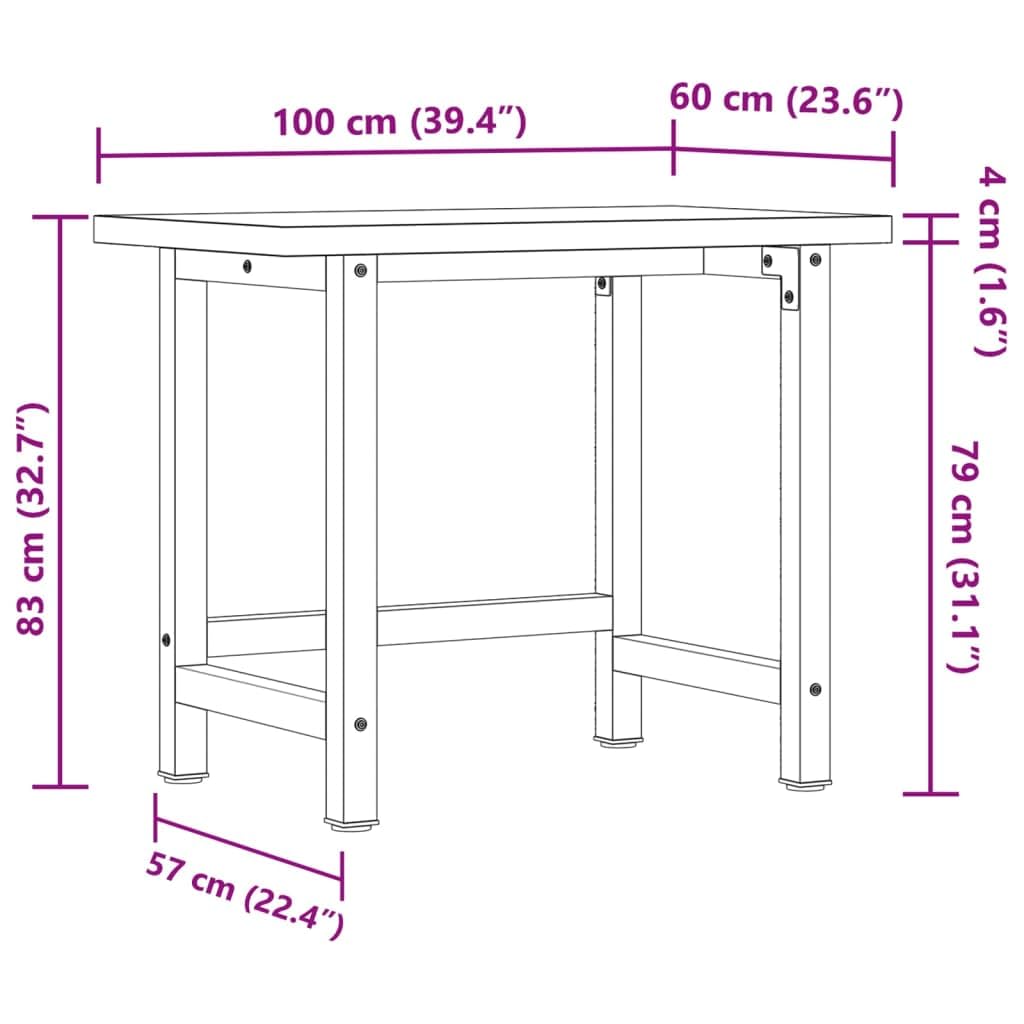 Banco de trabajo de madera maciza de acacia, 100 x 60 x 83 cm, rectangular con estructura de metal pulverizado, mesa de trabajo estable para taller, garaje, sala de ocio y bricolaje