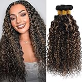 Highlight Ombre Water Wave Bundles Human Hair Honey Brown Balayage Virgin Human Hair 3 Bundles Wet and Wavy Double Weft Water Curly Wave Bundle For Black Women (1b/27,16 18 20 Inch)