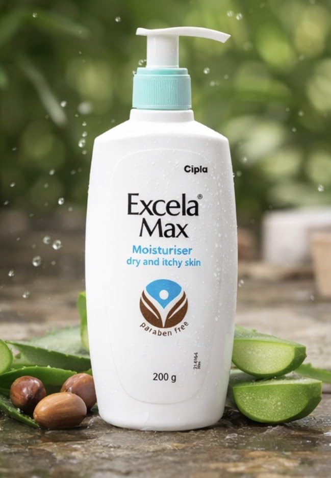 Image of Cipla Excela Max Moisturiser 200 g | Paraben Free | Moisturiser for Dry & Itchy Skin | With Glycerin & Emollients | Daily Skin Care Lotion
