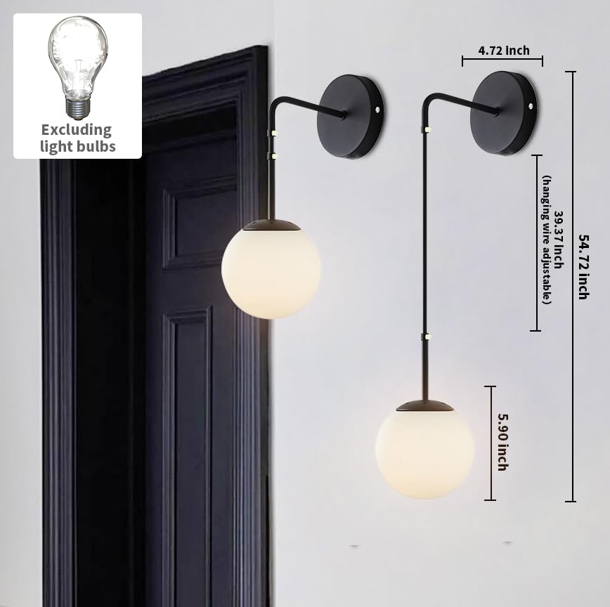 Image of LED Plug in Wall Sconces,Indoor Wall Lights,E26 Wall Mounted Lamps with Spherical Lampshade,Switch and Plug for Bedroom,Bathroom Lighting Fixtures,Black,2 Pack