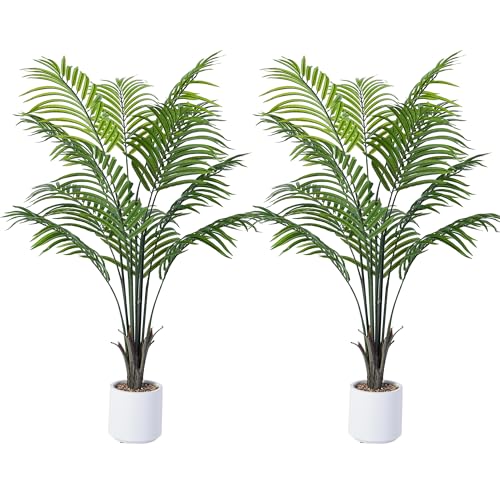 Artificial Areca Palm Tree 5FT Fake Potted Plant 2 Pack Faux Silk Tropical Areca Palm with 15 Trunks...