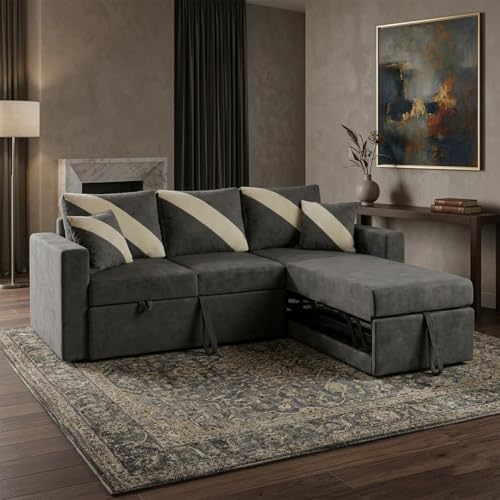 Image of FURNY Trivia 4 Seater RHS Lounger Sofa Cum Bed (Dark Gray) with Pull-Out Function | Luxury Velvet Suede Finish | Durable Comfort | Ideal for Living Room