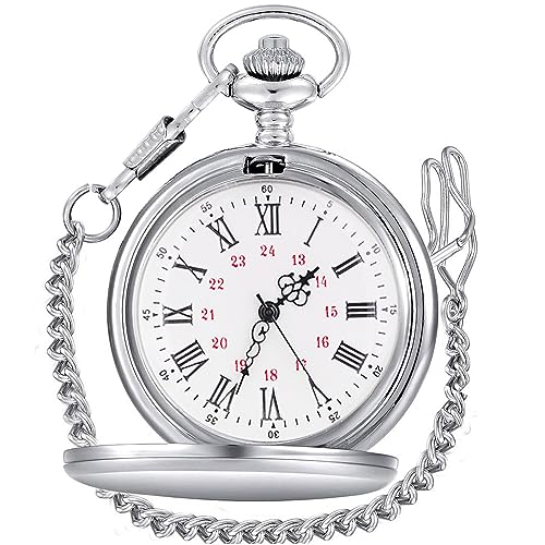 Tiong Smooth Vintage Pocket Watch with Chain Roman Numerals Scale(Silver)