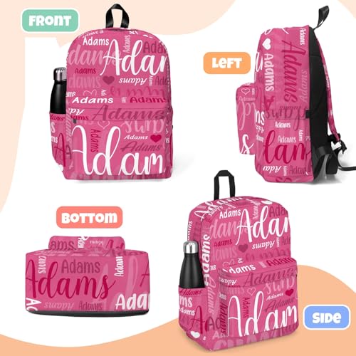 HUTARIO Personalized Backpack for School, Girls Boys Kids Teen Name Pink Bookbag Elementary School Backpack Set with Lunch Box and Pencil Case, Travel Backpack Waterproof Lightweight 16.8”3