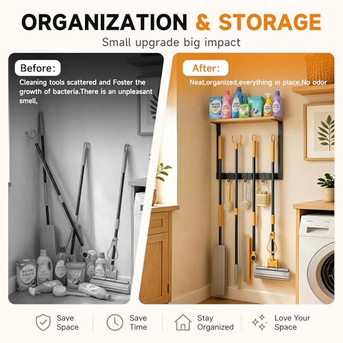 Broom Holder Wall Mount, Broom and Mop Organizer Wall Hanging with Solid Wood Frame,Organizer Rack Built with 4 Grippers & 3 Hooks; Broom Hanger Wall Mount for Laundry Room, Garages and Storage Room by Benthosx - Used condition - Image 7