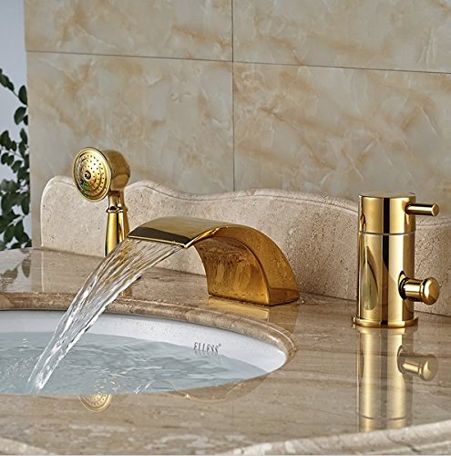 Robinet de baignoire cascade doré performant avec douchette 3 trous - 2